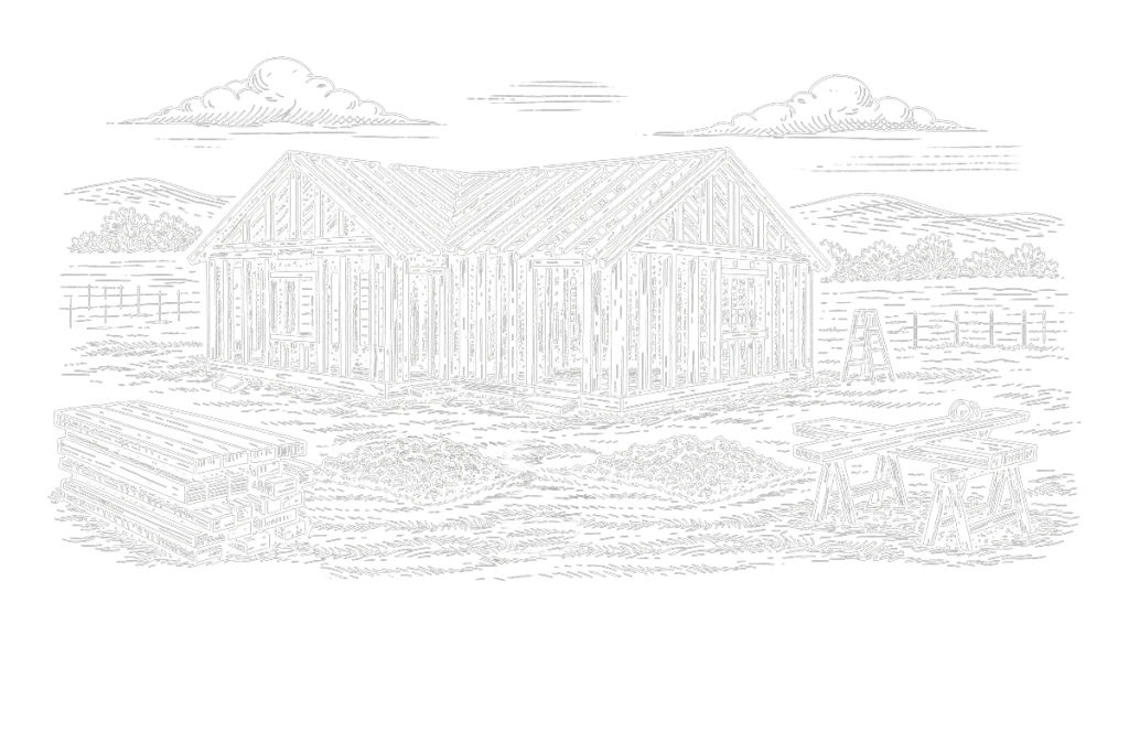Handdrawn line illustration of an in-progress house build.