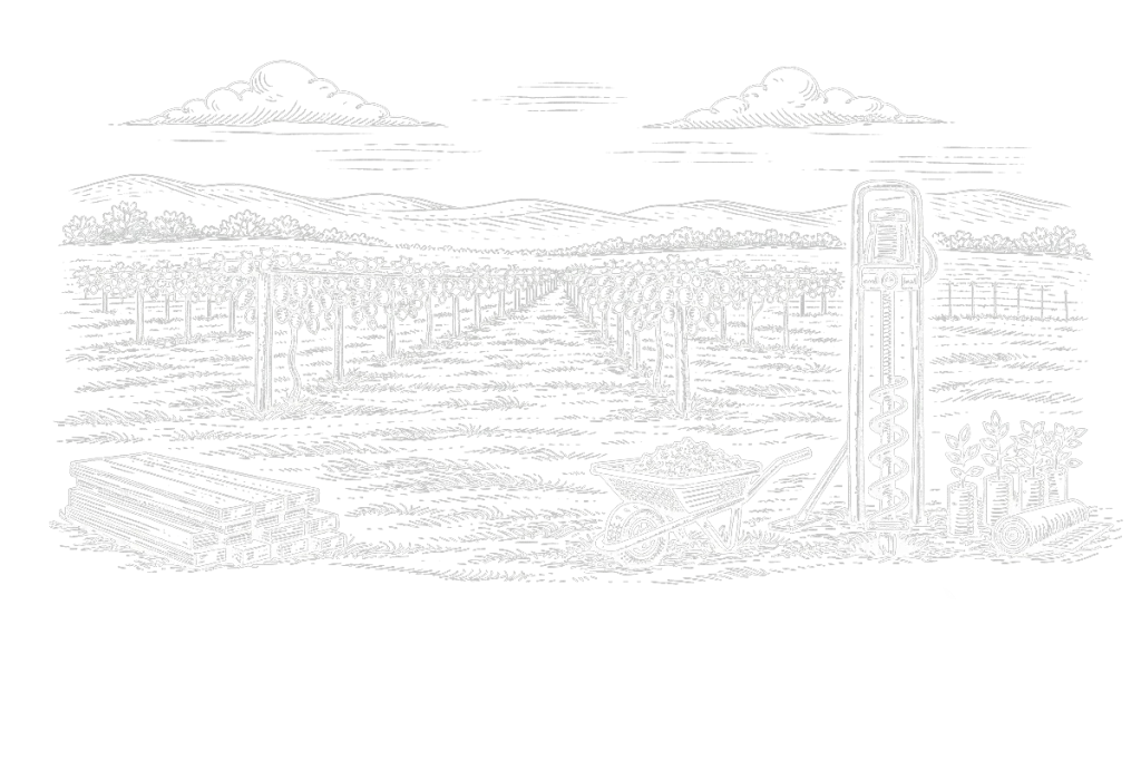 Handdrawn ink illustration depicting an idyllic orchard development scene. An auger and kiwifruit vines can be seen